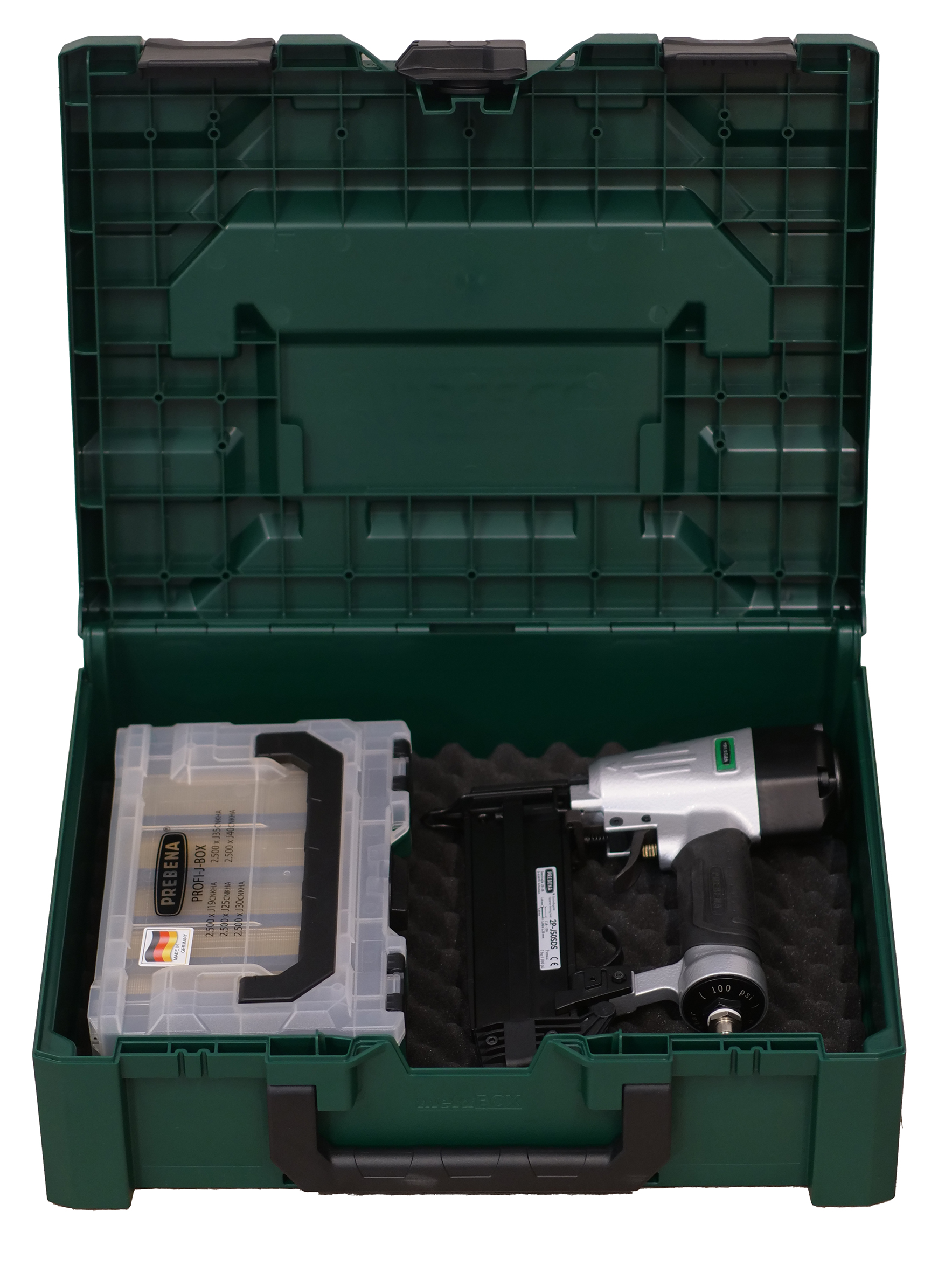 2P-J50SDS-SE Druckluftnagler für 16-50mm und PROFI-J-BOX in der baustellengerechten metaBOX
